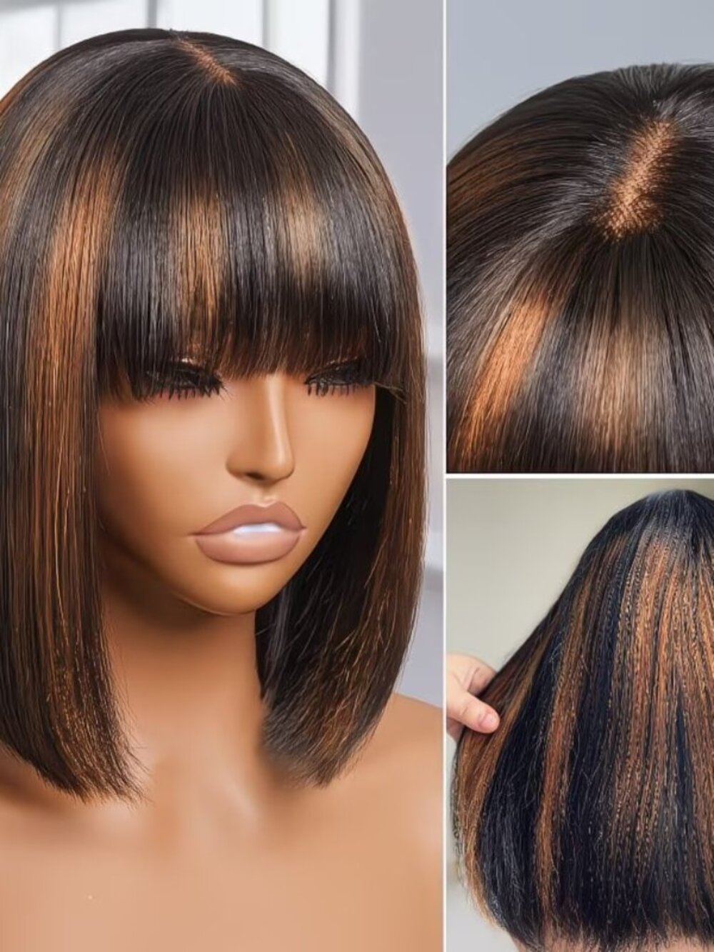 Short HD Lace Synthetic Wig Glueless Wear, with Bangs & Brown Highlights - Picture 6 of 6